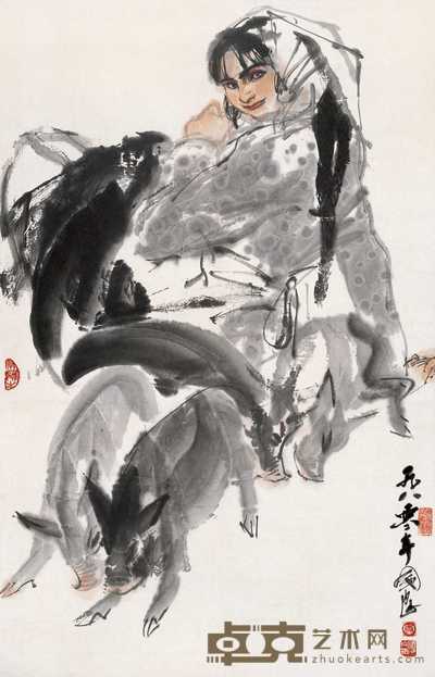 史国良 1980年作 牧猪图 立轴 95×61cm